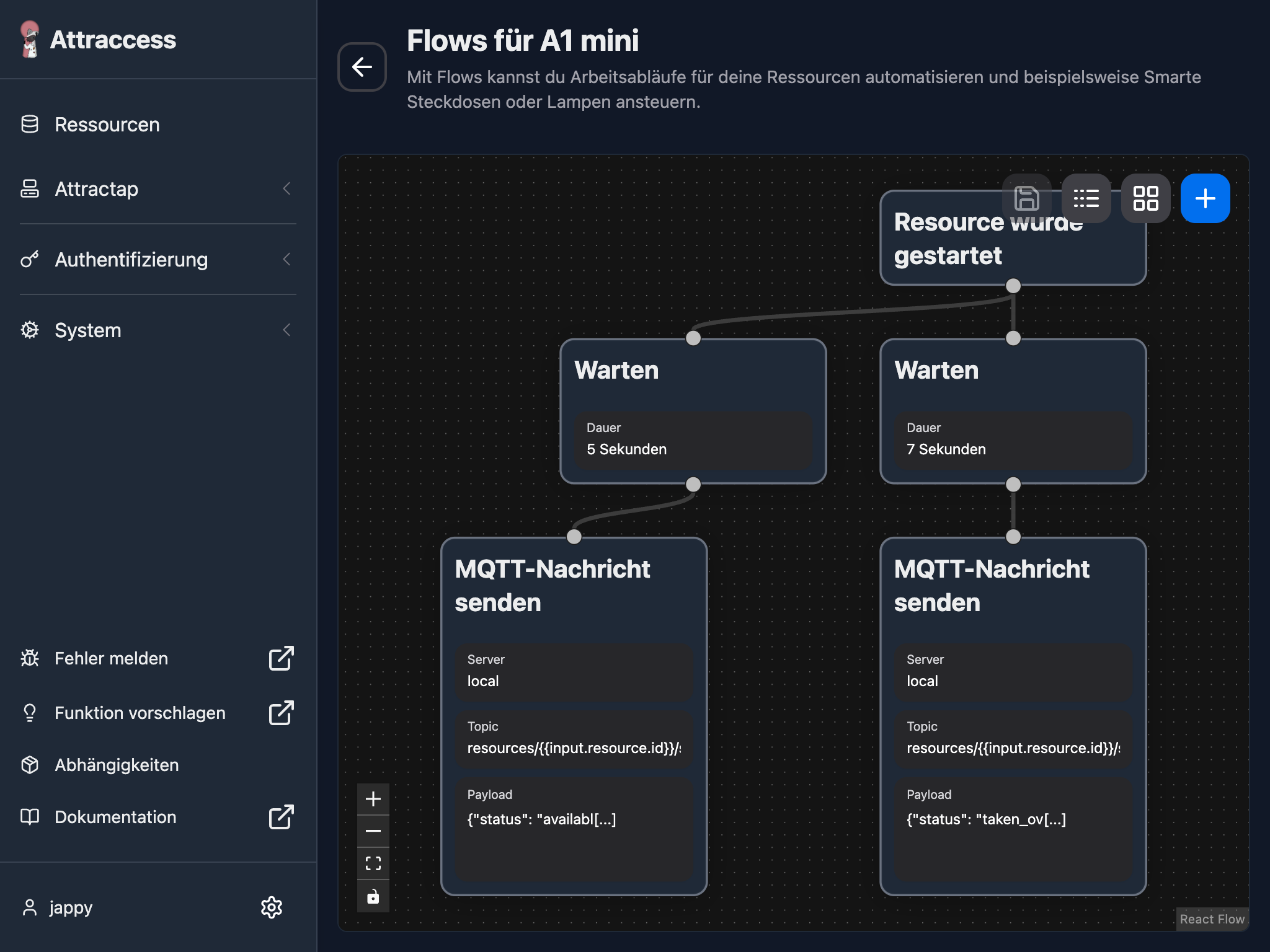 The Attraccess flow editor with a trigger, wait and MQTT node
